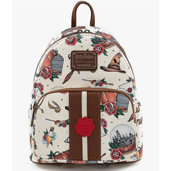 NWOT Loungefly Harry Potter Tattoo Art Hogwarts Cream Brown Color Mini Backpack - Picture 1 of 8